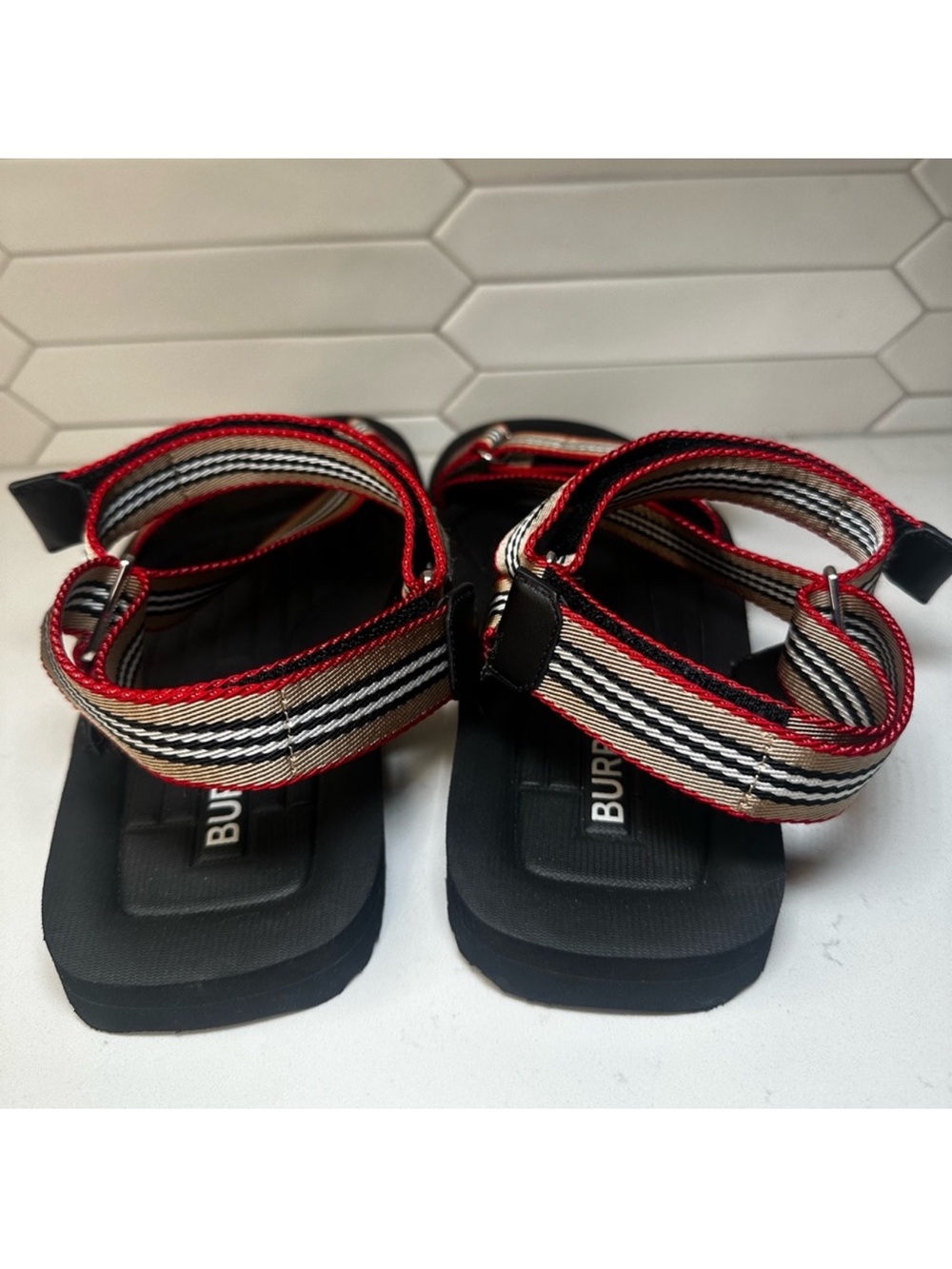 Burberry Black Sandals with Beige and Red Striped Webbing - Picture 4 of 8
